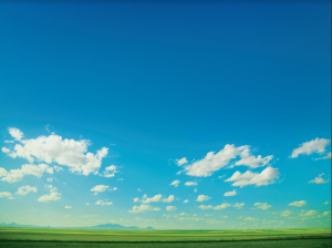 Blue Sky with a few clouds, green grass with fence and mountains in the background